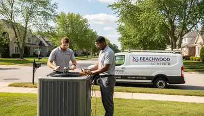 Professional AC repair technician servicing cooling unit in Cleveland, OH home