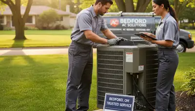 Professional AC repair technician servicing residential air conditioner in Cleveland, Ohio