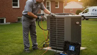 Professional AC repair technician servicing air conditioner unit in Cleveland, OH