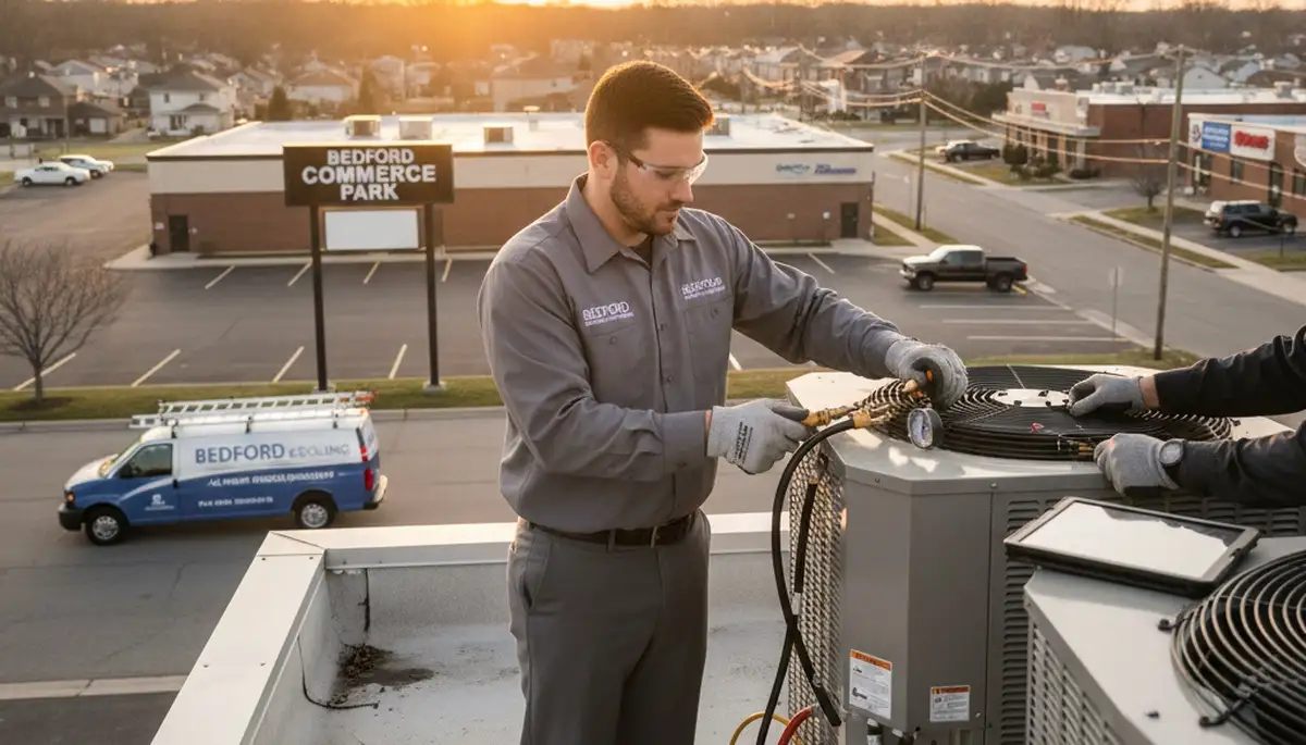 Professional AC repair technician servicing central air unit in Cleveland, OH