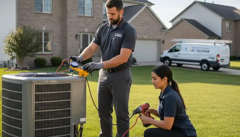 Professional AC repair technician servicing air conditioner unit in Cleveland, OH