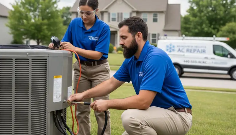 Professional AC repair technician servicing air conditioner unit in Cleveland, Ohio home