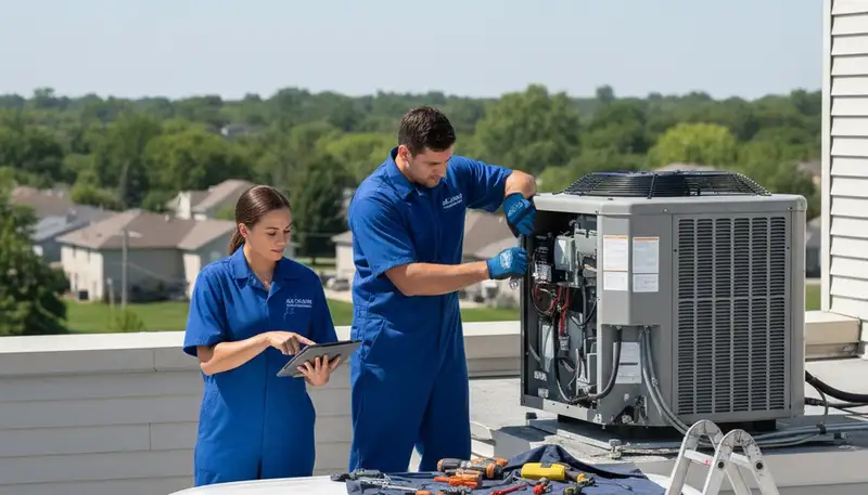 Professional AC repair technician servicing air conditioning unit in Cleveland, OH