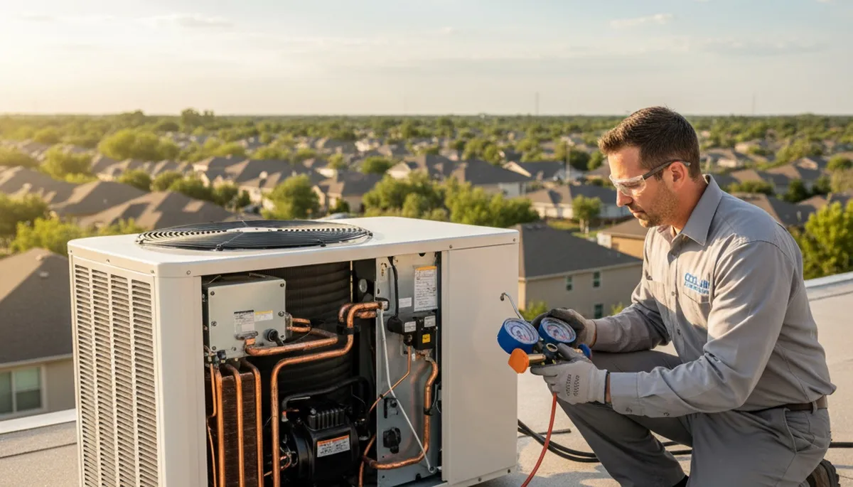 Technician performing AC repair service at home in Cleveland, OH for Five Star Cooling