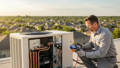 Technician performing AC repair service at home in Cleveland, OH for Five Star Cooling