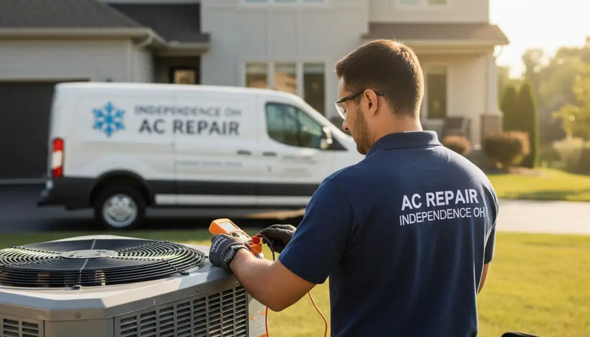 Professional AC repair technician servicing air conditioner unit in Cleveland, OH