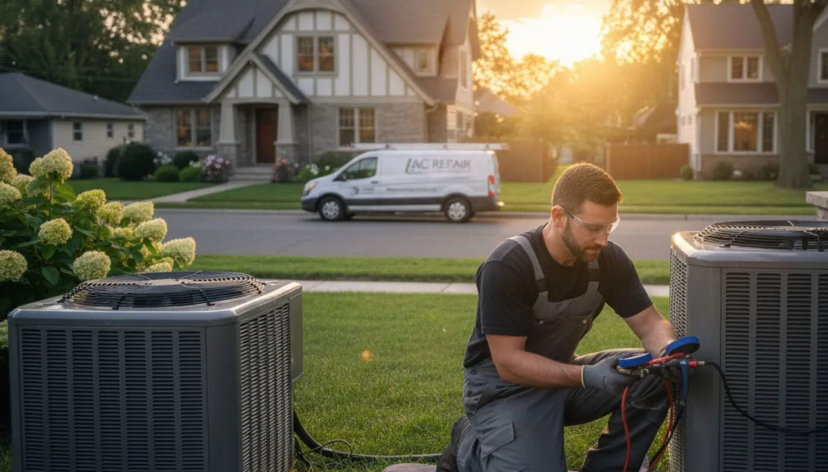 Professional AC repair technician servicing air conditioner unit in Cleveland, OH