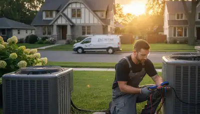 Professional AC repair technician servicing air conditioner unit in Cleveland, OH