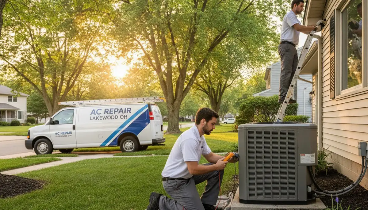 Professional AC repair technician servicing air conditioner in Cleveland OH home