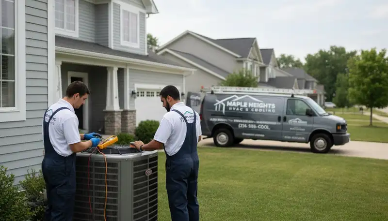 Professional AC repair technician servicing air conditioner unit in Cleveland, OH