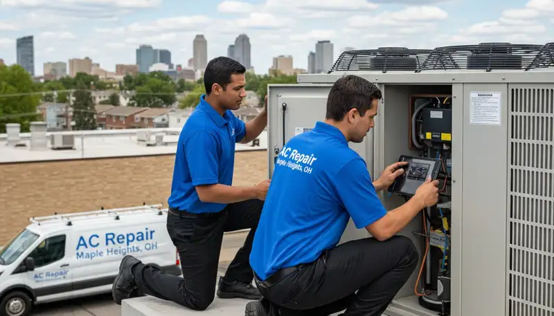 Professional AC repair technician servicing air conditioner in Cleveland, OH