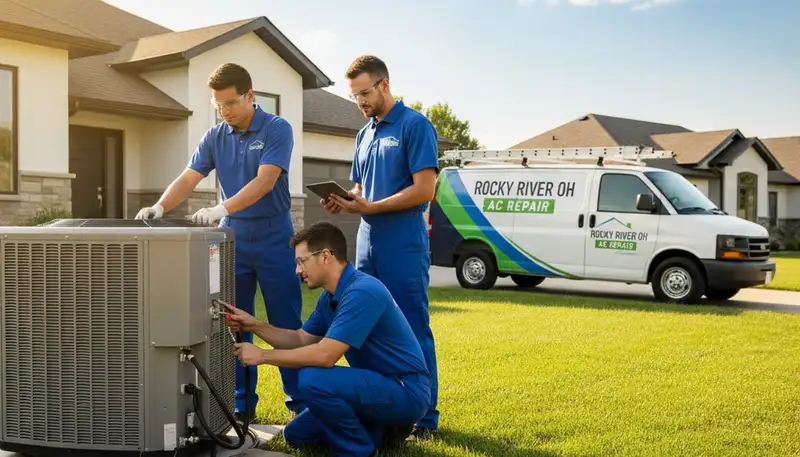 Professional AC repair technician servicing air conditioner unit in Cleveland, OH