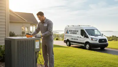 Professional AC repair technician servicing air conditioner unit in Cleveland, OH