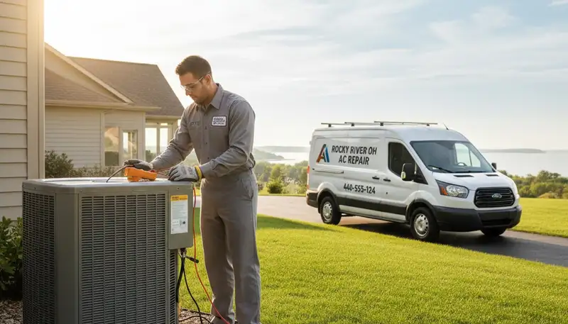 Professional AC repair technician servicing air conditioner unit in Cleveland, OH