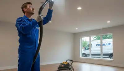 Technician cleaning air ducts for HVAC system in Cleveland, OH home by Five Star Cooling