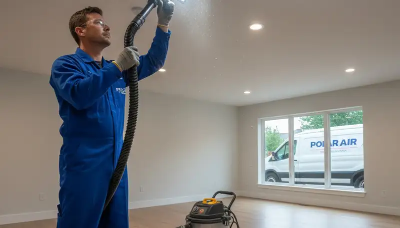 Technician cleaning air ducts for HVAC system in Cleveland, OH home by Five Star Cooling