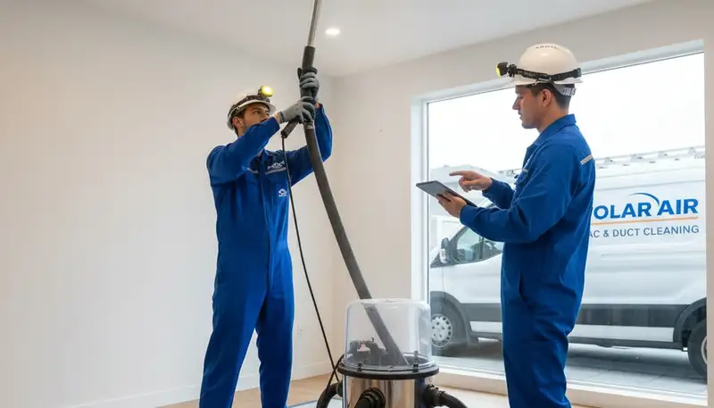 Technician providing air duct cleaning service for residential HVAC system in Cleveland, OH