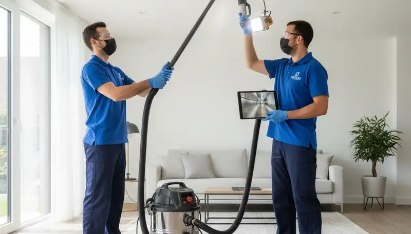 Technician cleaning air ducts for HVAC system in Cleveland, OH home by Five Star Cooling