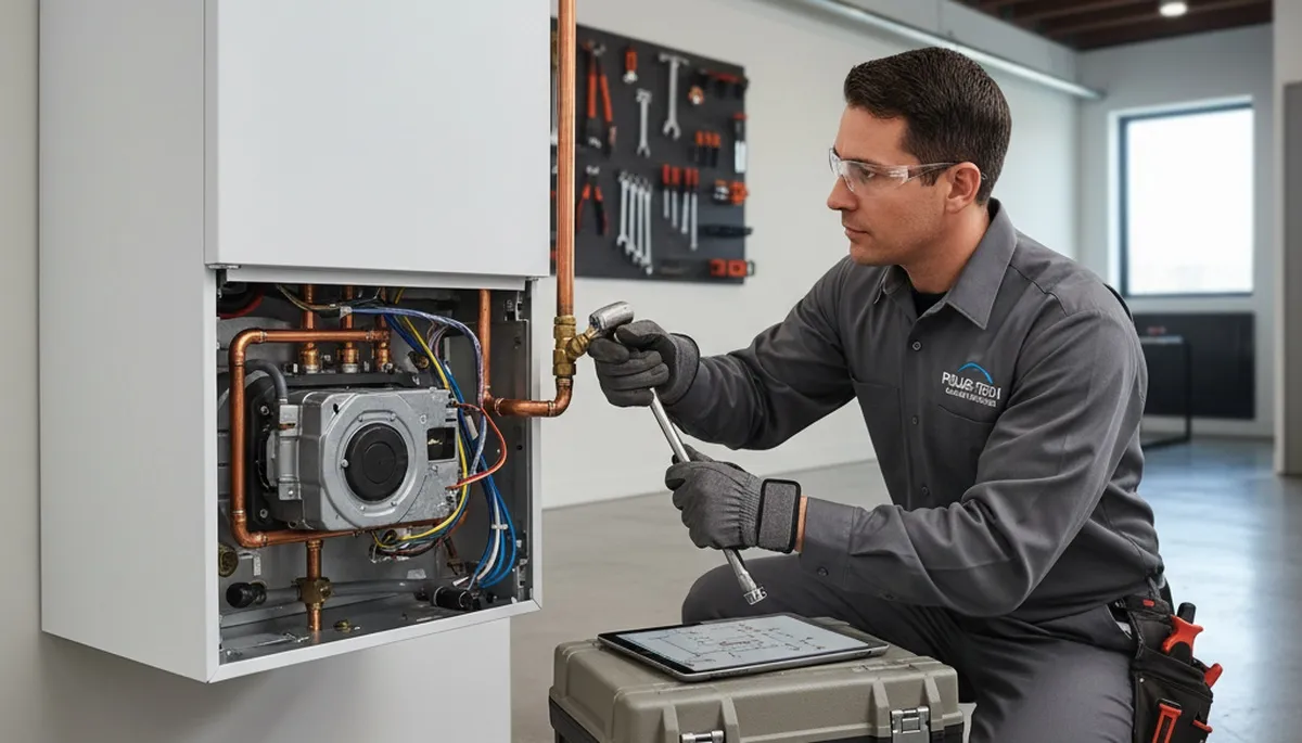 Technician performing boiler repair at Cleveland OH home | Five Star Cooling heating service