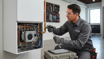 Technician performing boiler repair at Cleveland OH home | Five Star Cooling heating service