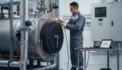 Technician performing boiler repair service in Cleveland, OH for Five Star Cooling