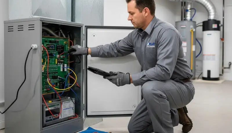 Technician performing furnace repair service in Cleveland, OH for Five Star Cooling