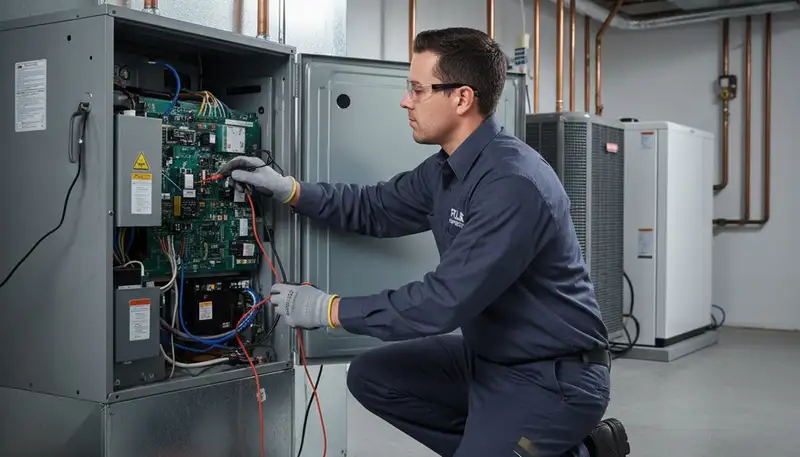 Technician repairing home furnace in Cleveland, OH for Five Star Cooling heating service