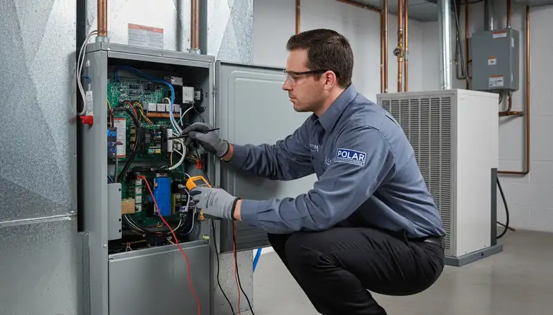 Technician performing furnace repair for home heating system in Cleveland, OH