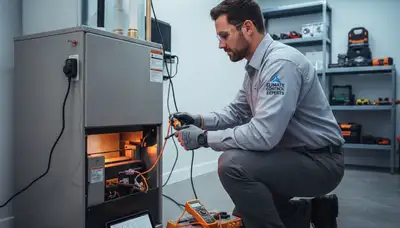 Technician performing heating repair service in Cleveland OH home for Five Star Cooling