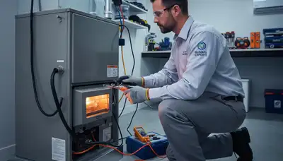 Technician performing home heating repair service in Cleveland, OH for Five Star Cooling