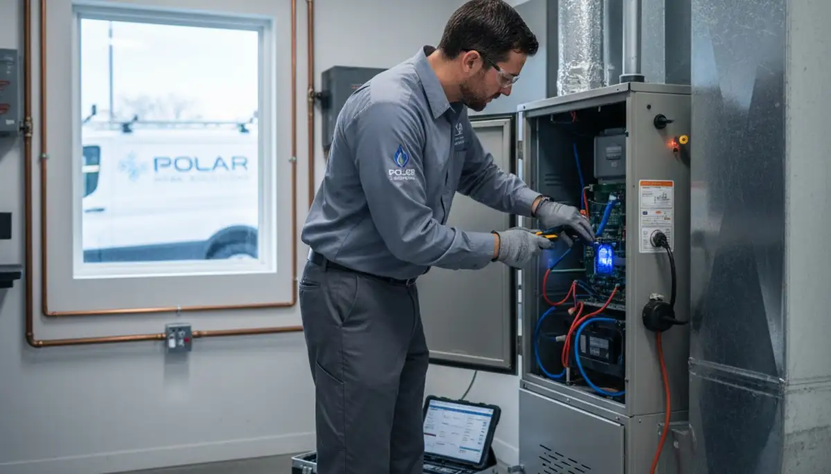 Technician performing heating repair service in Cleveland, OH home for Five Star Cooling