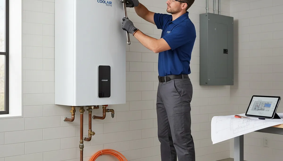 Technician repairing residential water heater in Cleveland OH for Five Star Cooling service page