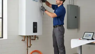 Technician repairing residential water heater in Cleveland OH for Five Star Cooling service page