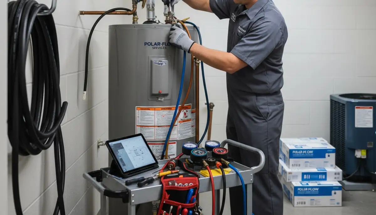 Technician performing water heater repair in Cleveland, OH for Five Star Cooling customers